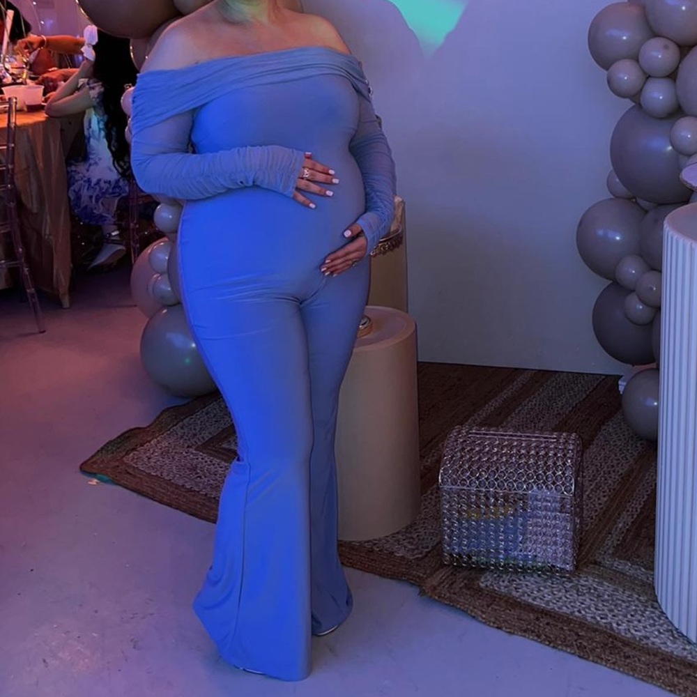 COUNT DOWN 
POWDER BLUE MATERNITY RUCHED MESH BARDOT JUMPSUIT